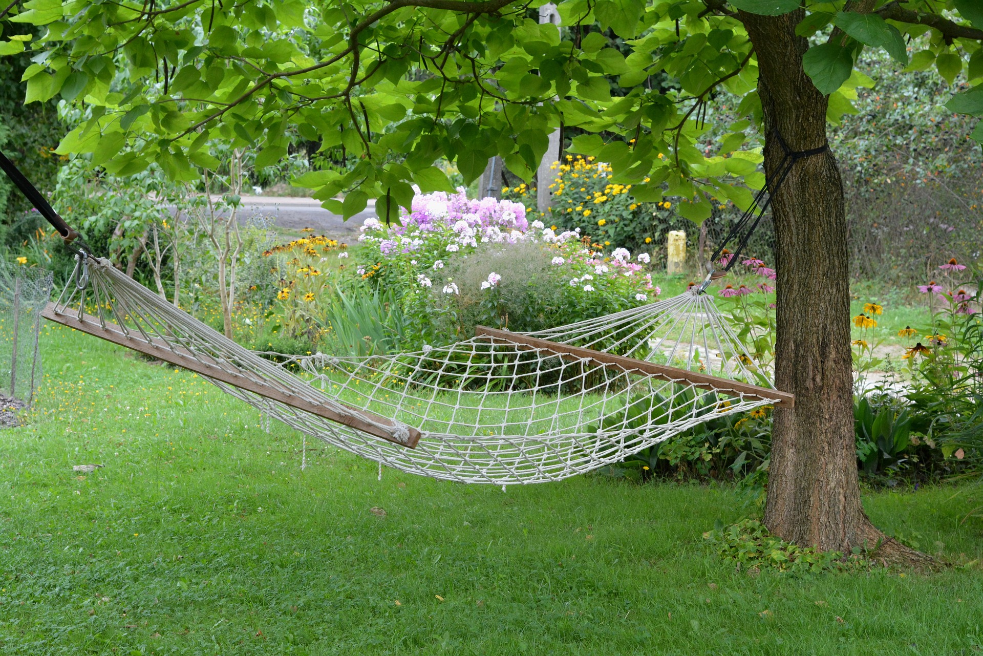 Have med blomster og hængekøje